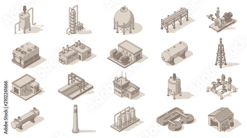 Comprehensive collection of industrial facilities and infrastructure illustrations depicting various manufacturing and utility