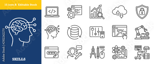 Technology and skills icons for coding data analysis robotics and AI development concepts.