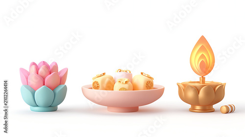 3D claymorphism style Indian festival icons featuring lotus and diya on white background for app UI design