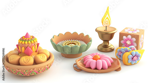 Set of 3D claymorphism Indian celebration icons with isolated copy space for cultural e-commerce web design
