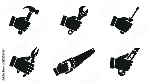 Collection of hand tools icons in black silhouette style with tools illustrated