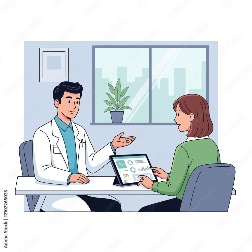 Fototapeta premium Doctor Showing Patient Health Data On Tablet Screen In Modern Clinic Consultation Room