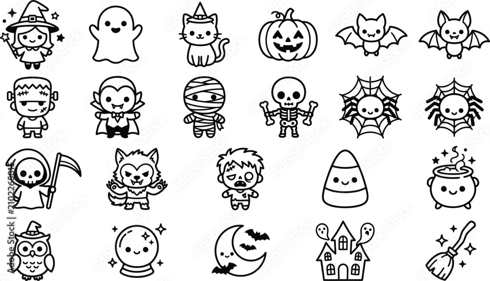 Fototapeta premium Minimal halloween character set featuring spooky icons for festive holiday graphic projects