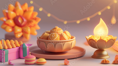 3D claymorphism Diwali festive scene with diya and sweets offering commercial copy space for social media banners