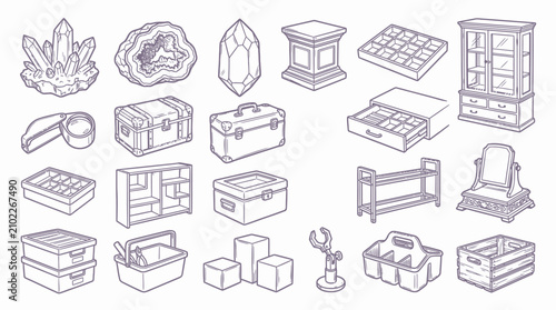 Foto A collection of isometric line art illustrations of various storage containers, display cases, and decorative objects, presented on a white background