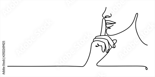 Woman showing silence gesture with finger on lips continuous line art drawing of a female face making a quiet sign with hand on mouth in black and white