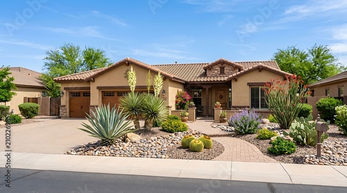 Beautiful single story stucco house with desert landscaping and cactus plants in a sunny neighborhood. arizona front yard