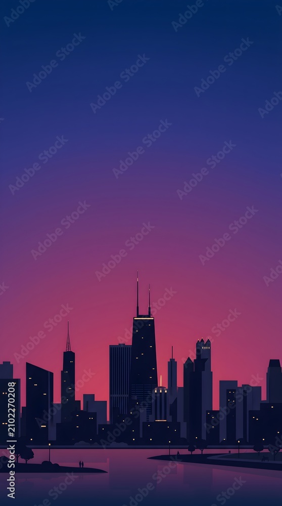 Fototapeta premium City skyline silhouette at sunset reflecting over water with reflection silhouette buildings architecture metropolis skyscraper downtown