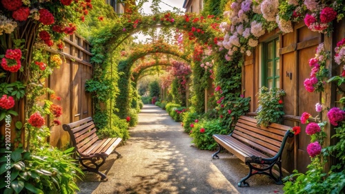 A serene oasis amidst viennas grandeur an alley lined with blooming flowers topped with a weathered wooden bench