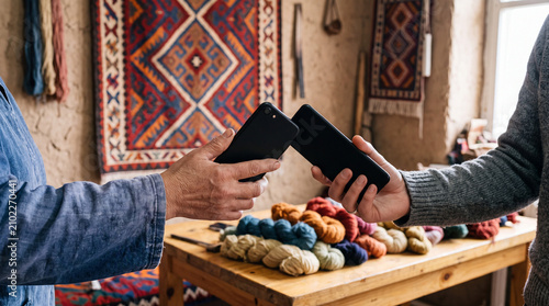 Close-up of a mobile contactless payment transaction via unbranded smartphones in a traditional Central Asian textile craft workshop, financial inclusion concept.