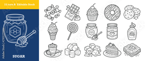 Foto Set of sweet food and sugary snack icons featuring desserts candies and honey in outline