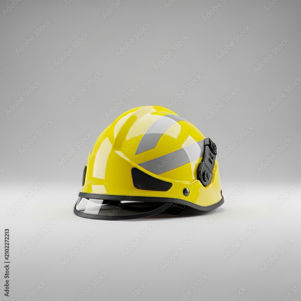 Fototapeta premium Professional yellow rescue helmet with silver reflective stripes presented in an elegant isolated setup, representing durable safety equipment, metallic, shine, impact