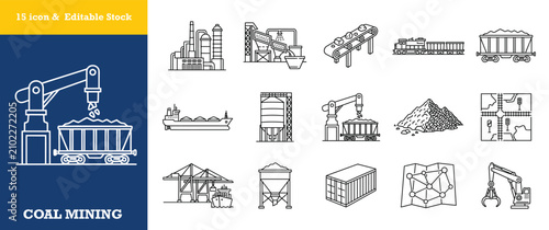 Coal mining industry logistics and infrastructure icons.