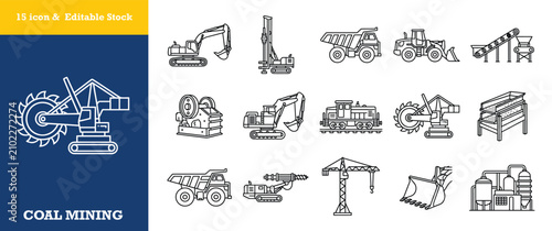 Coal mining line art icons set industrial equipment vector illustration editable stroke.