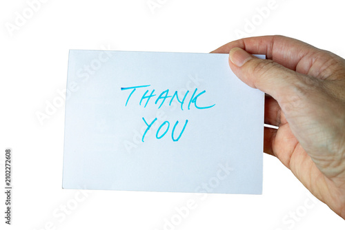Hand Holding 'Thank You' Card. Isolated on transparent background.