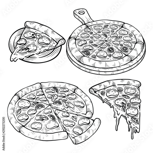 Set of pizza hand drawn illustration. Pizza sketch vector line art collection
