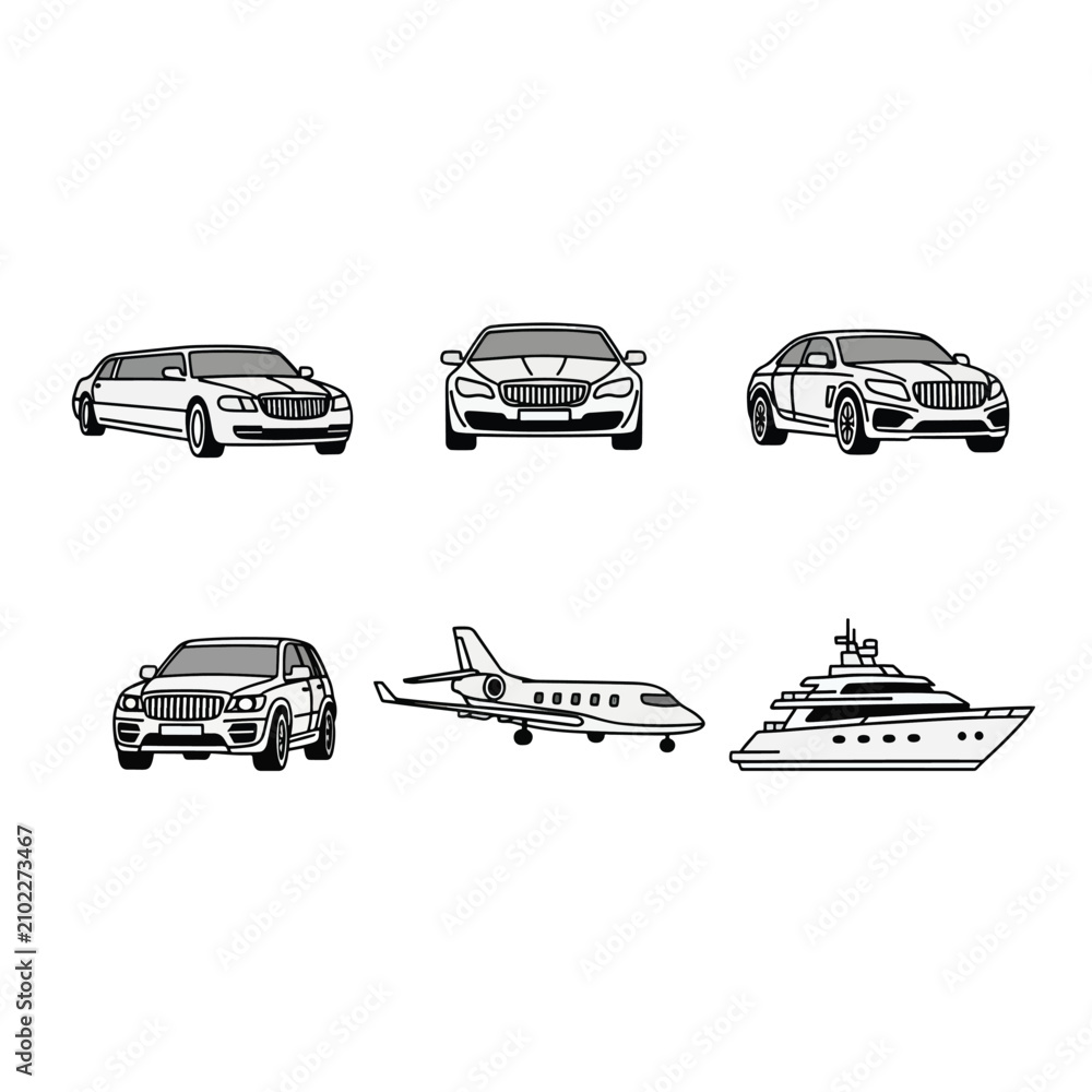 Obraz premium Set of black and white luxury transport icons featuring cars jet and yacht