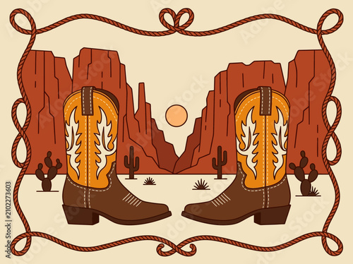 Vintage Western Illustration of Cowboy Boots in Desert with Rope Frame