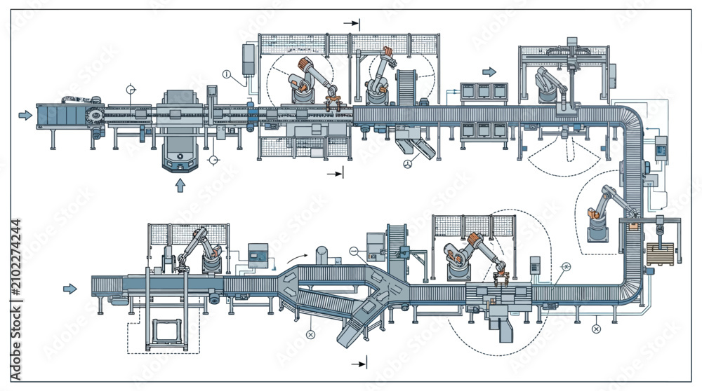 Obraz premium Industrial robotic assembly line diagram with conveyor belts