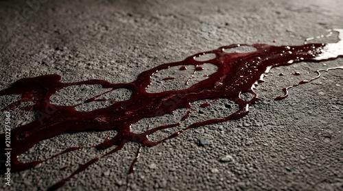 Dark red viscous liquid spill flowing across a rough textured concrete surface close up
