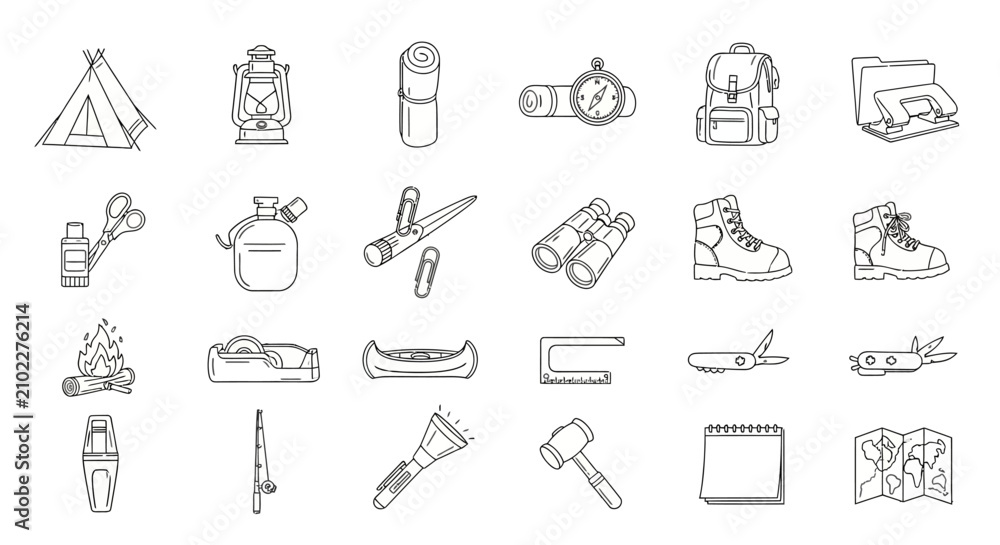 Fototapeta premium Camping and outdoor adventure equipment icons collection