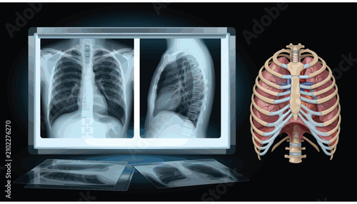 Foto Human rib cage with lungs and heart inside and chest xray images on a light box