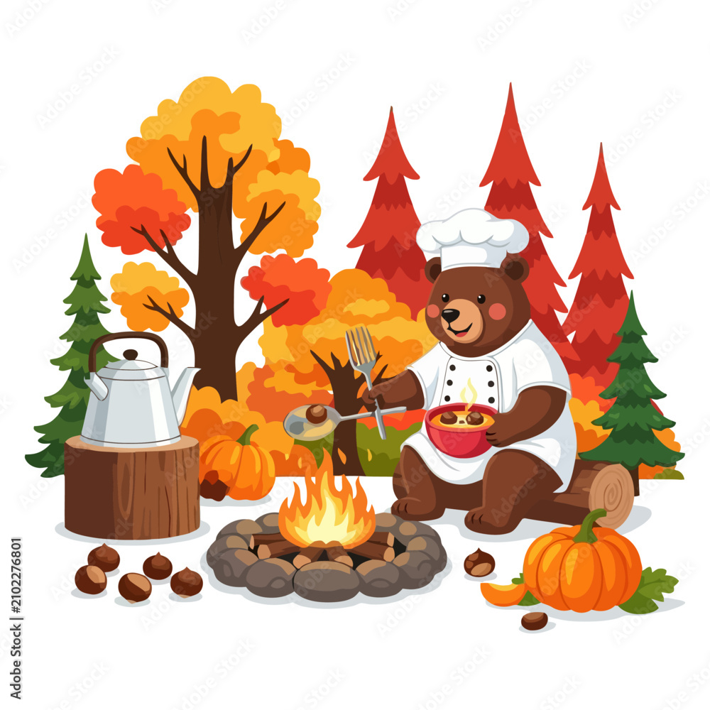 Fototapeta premium Cute cartoon bear chef cooking soup over a campfire in an autumn forest landscape with trees