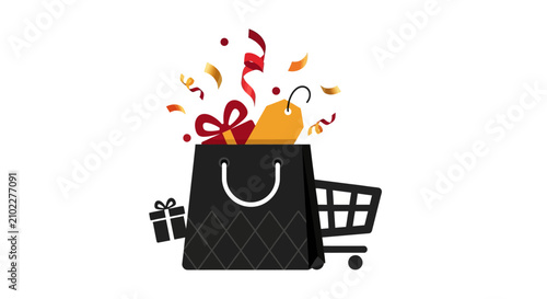 Black shopping bag with gifts inside.
