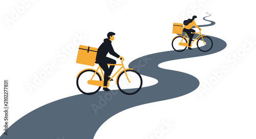 Delivery couriers on bicycles riding on winding road.