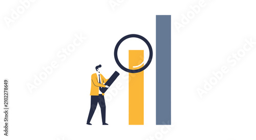 Person analyzing bar chart with a magnifying glass.