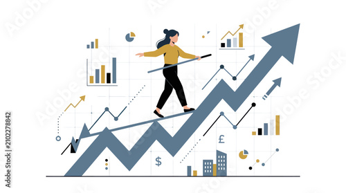 Woman balancing on tightrope over rising growth arrow.