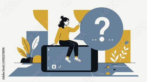 Tableau sur toile Woman sitting on phone with large question mark bubble.