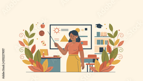Female teacher standing in front of a white board in a decorated classroom, explaining educational concepts.