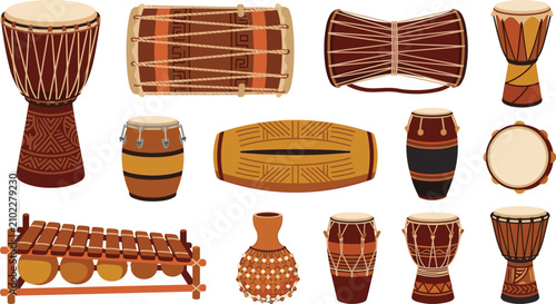 фотографія Traditional World Percussion Instrument Collection Featuring Djembe, Conga, Bong