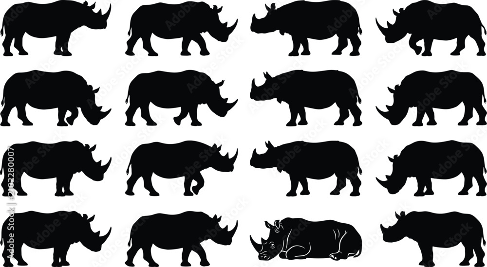 Obraz premium Black Silhouette Rhinoceros Animal Icons Set on White Background