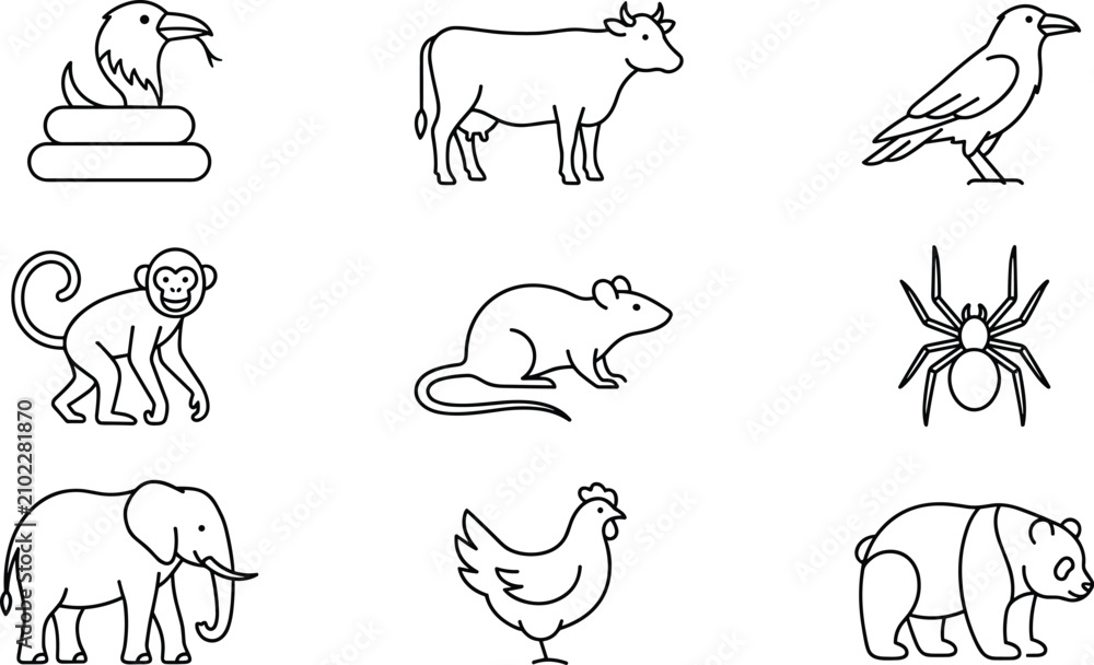 Fototapeta premium Minimalist animal line icon vector set featuring snake cow bird monkey rat spider elephant chicken and panda design element