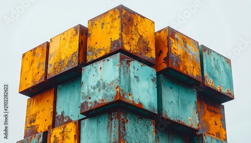 Rusty Cubic Metal Blocks Against Clear