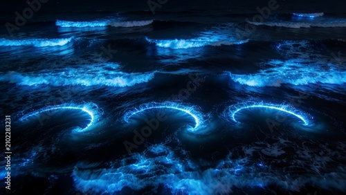 Bioluminescent waves glowing in dark ocean water. Vibrant blue neon sea sparkles under night sky for surreal photography.