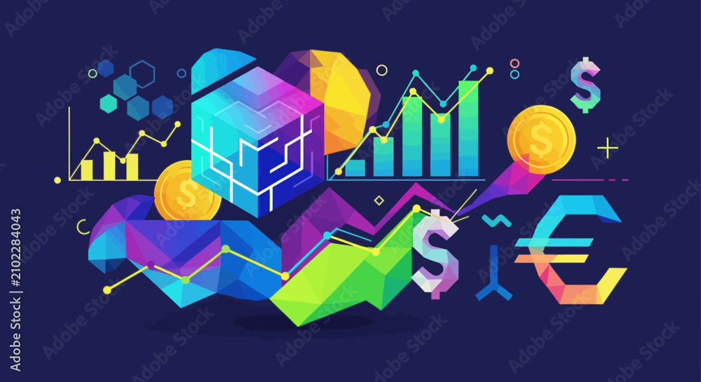 Naklejka premium 170 Abstract financial technology vector, futuristic blockchain data visualization with currency symbols and growth charts, digital economy concept with geometric neon elements 45