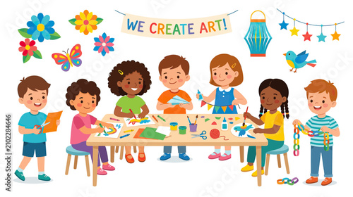 Children Creating Art Together in a Classroom