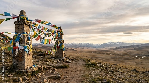 Vibrant prayer flags fluttering at a remote mountain pass