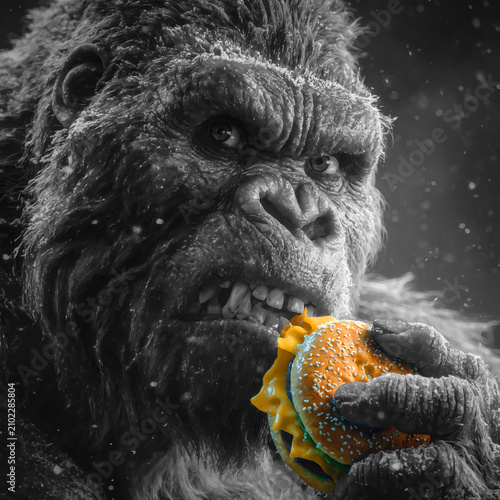 Giant ape eating cheeseburger snowy environment with intense