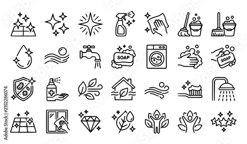 Принти на полотні Elegant Freshness and Hygiene Line Icon Vector Set with Sparkle and Clean Symbol