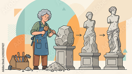 Artist sculpts marble statue from rough stone block