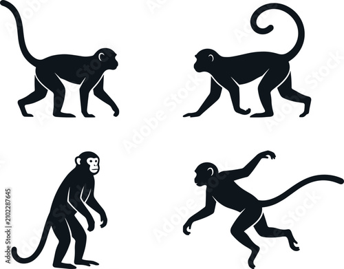Foto Monkey silhouette vector set featuring wild primate animals in different walking