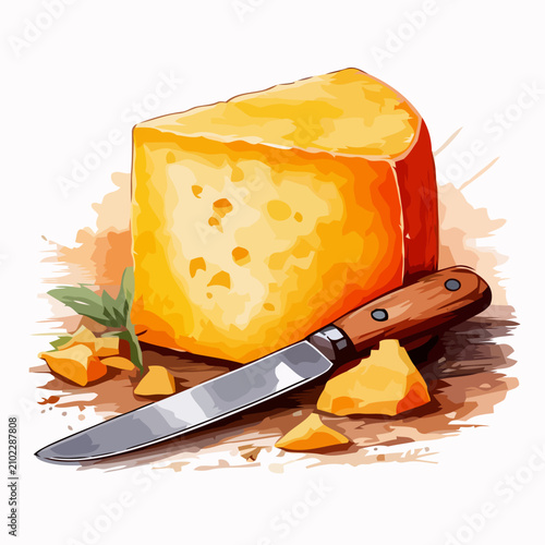 Watercolor illustration of a block of cheese with a knife.