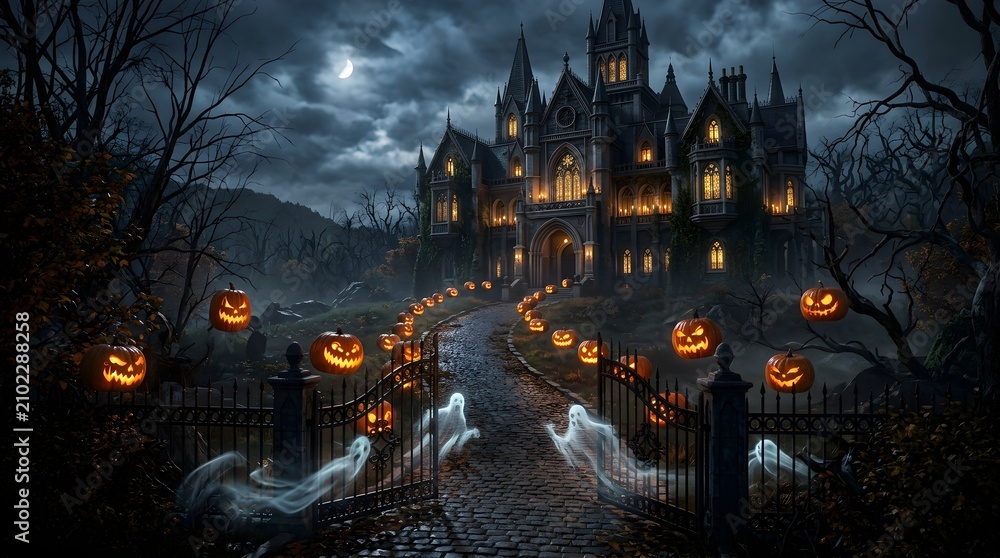 Obraz premium Gothic Victorian Mansion Foggy Pumpkin Path 3D Banner