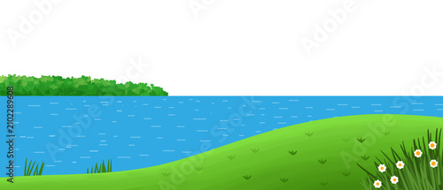 Bild auf Leinwand Beautiful nature landscape background with green grassy hill river bank and litt