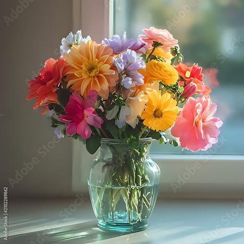 Bouquet Of Colorful Fresh Flowers In A Glass Vase Natural Light