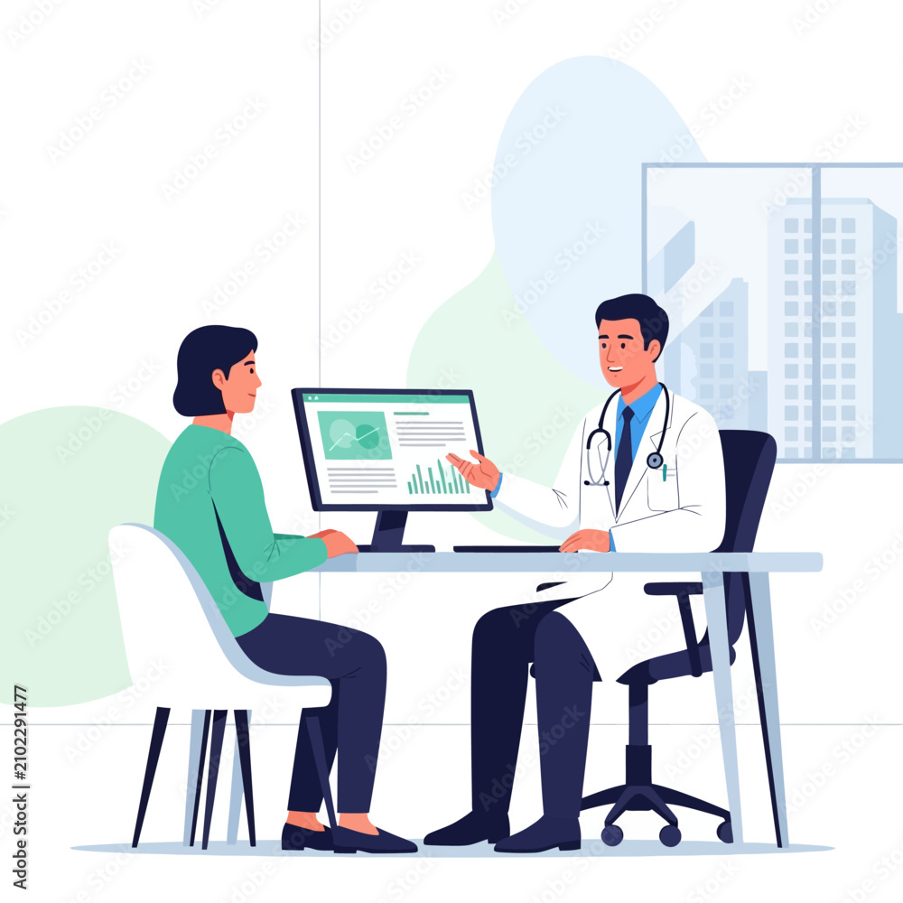 Fototapeta premium Doctor Patient Consultation Examining Medical Data On Computer Screen